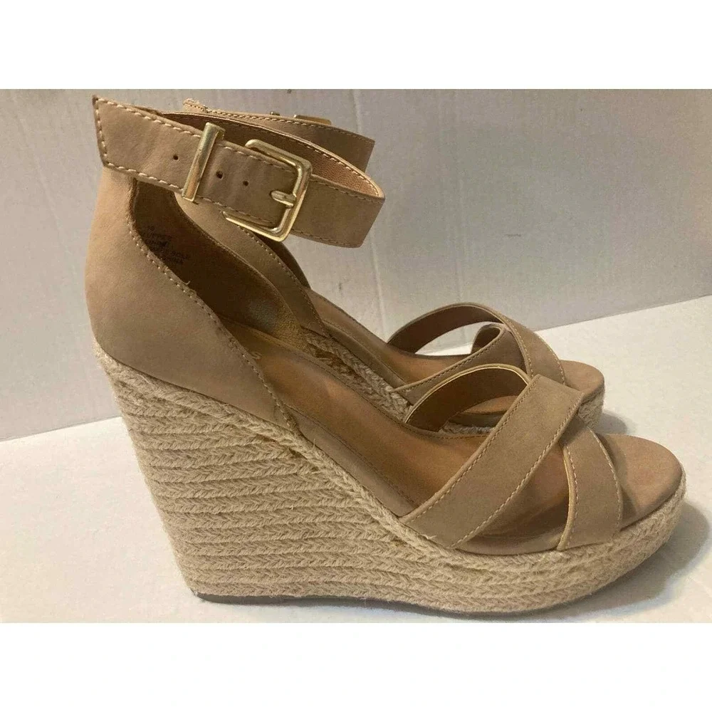 Womens Espadrille Wedge Sandals Ankle Strap Criss Cross Beige Size‎ 10